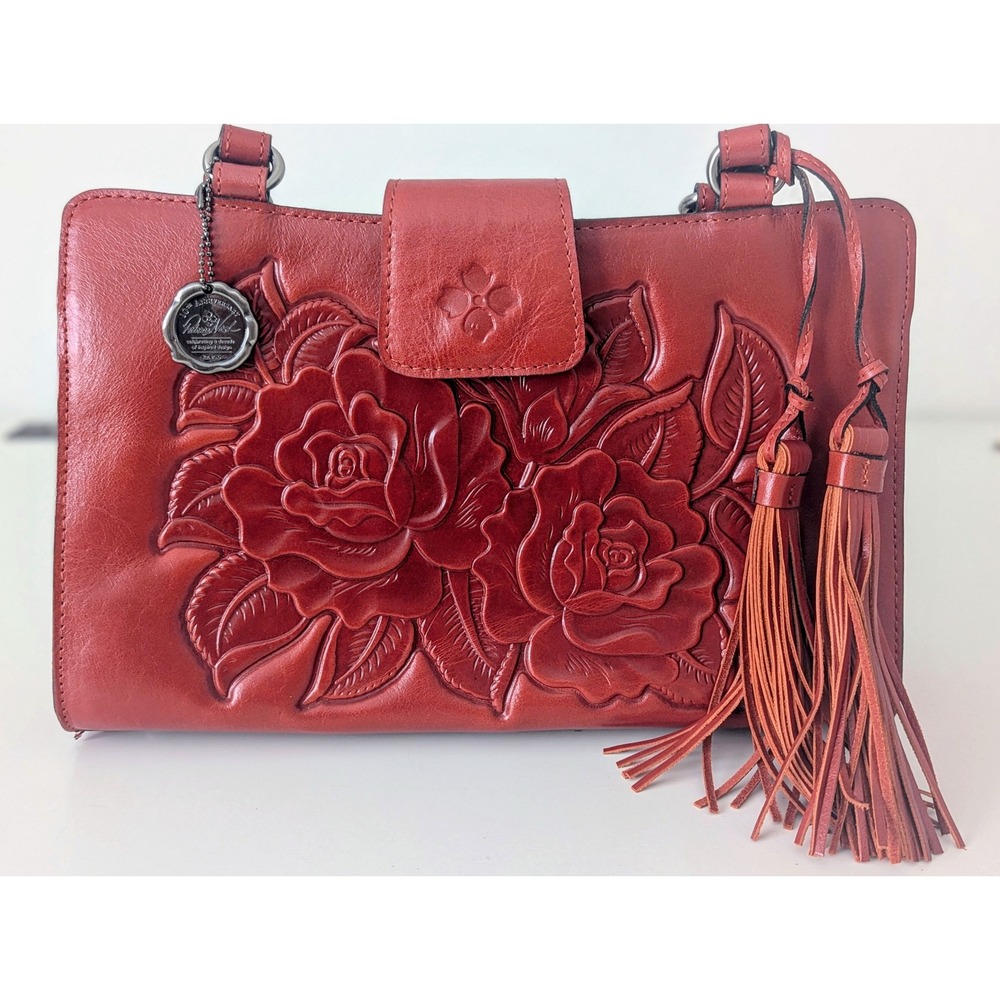 Patricia Nash 10th Anniversary Red Leather Embossed Rose Satchel Handbag